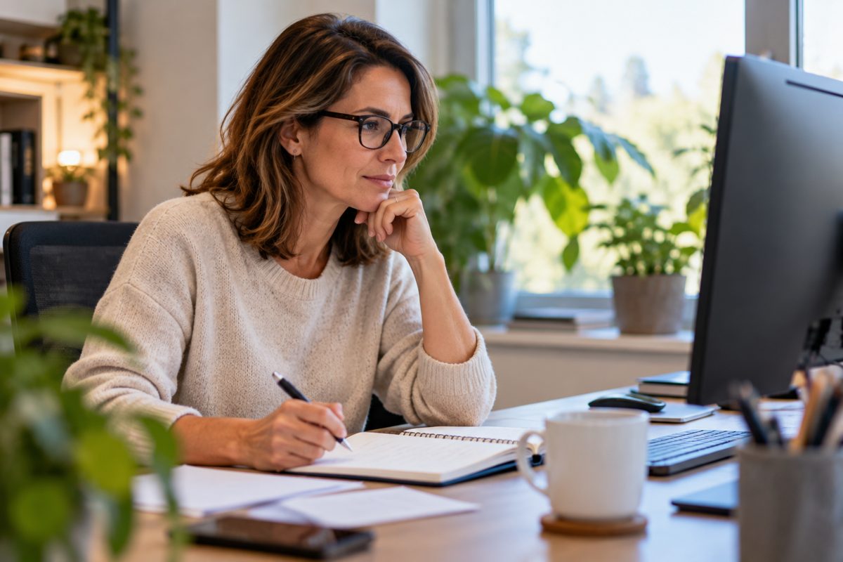 Une collaboratrice relit un document sur son écran