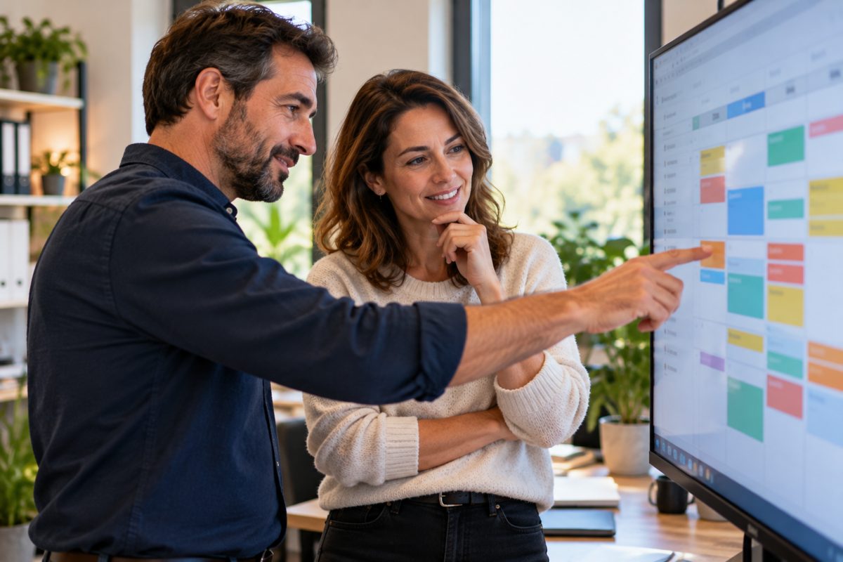 Deux personnes regardent ensemble un planning affiché sur un grand écran