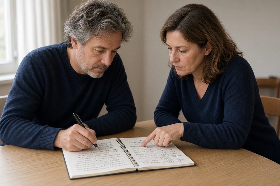 Deux personnes travaillent ensemble sur un carnet de notes