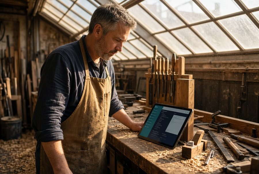 Un artisan consulte son outil de gestion dans son atelier